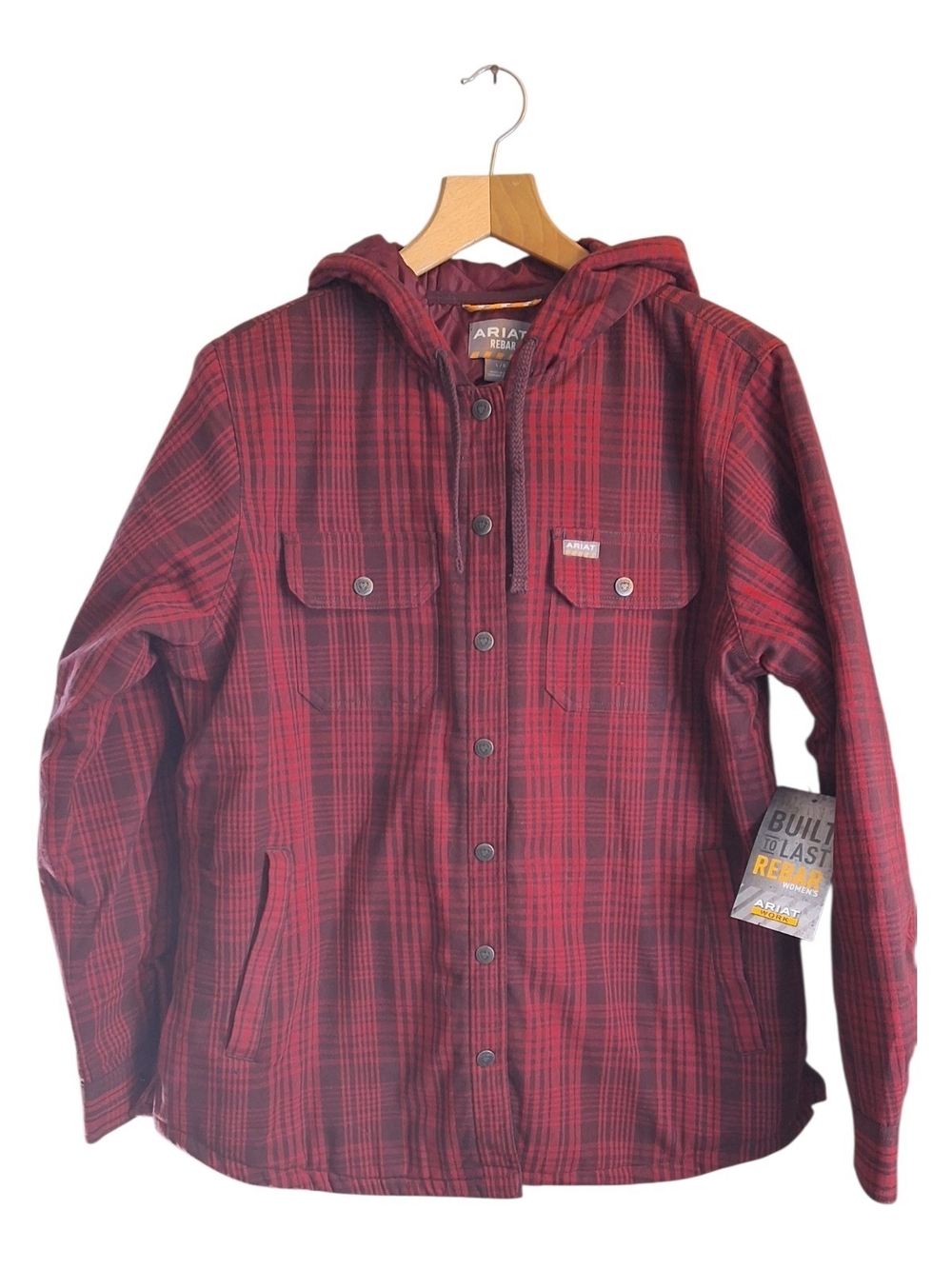 NWT Ariat Rebar Womens Red Plaid Hooded Shacket Large